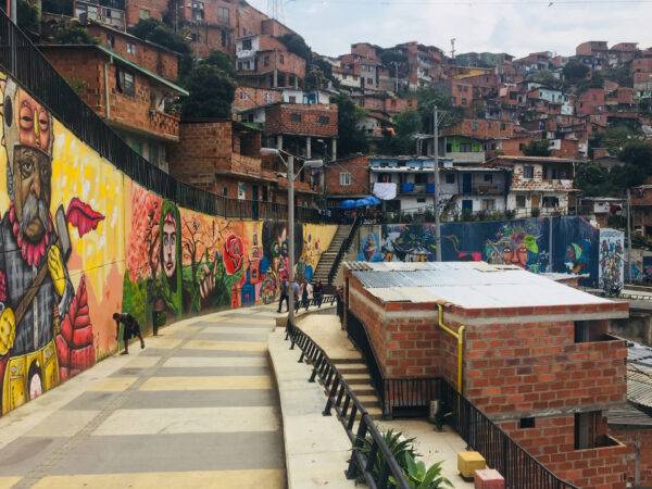 Medellin, Colombia - february 2018:Graffiti mural paintings in the colorful streets of Comuna 13 in Medellin, Colombia.